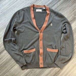 Original Penguin by Munsingwear Gray/Brown V-Neck Button Up Cardigan Sweater S